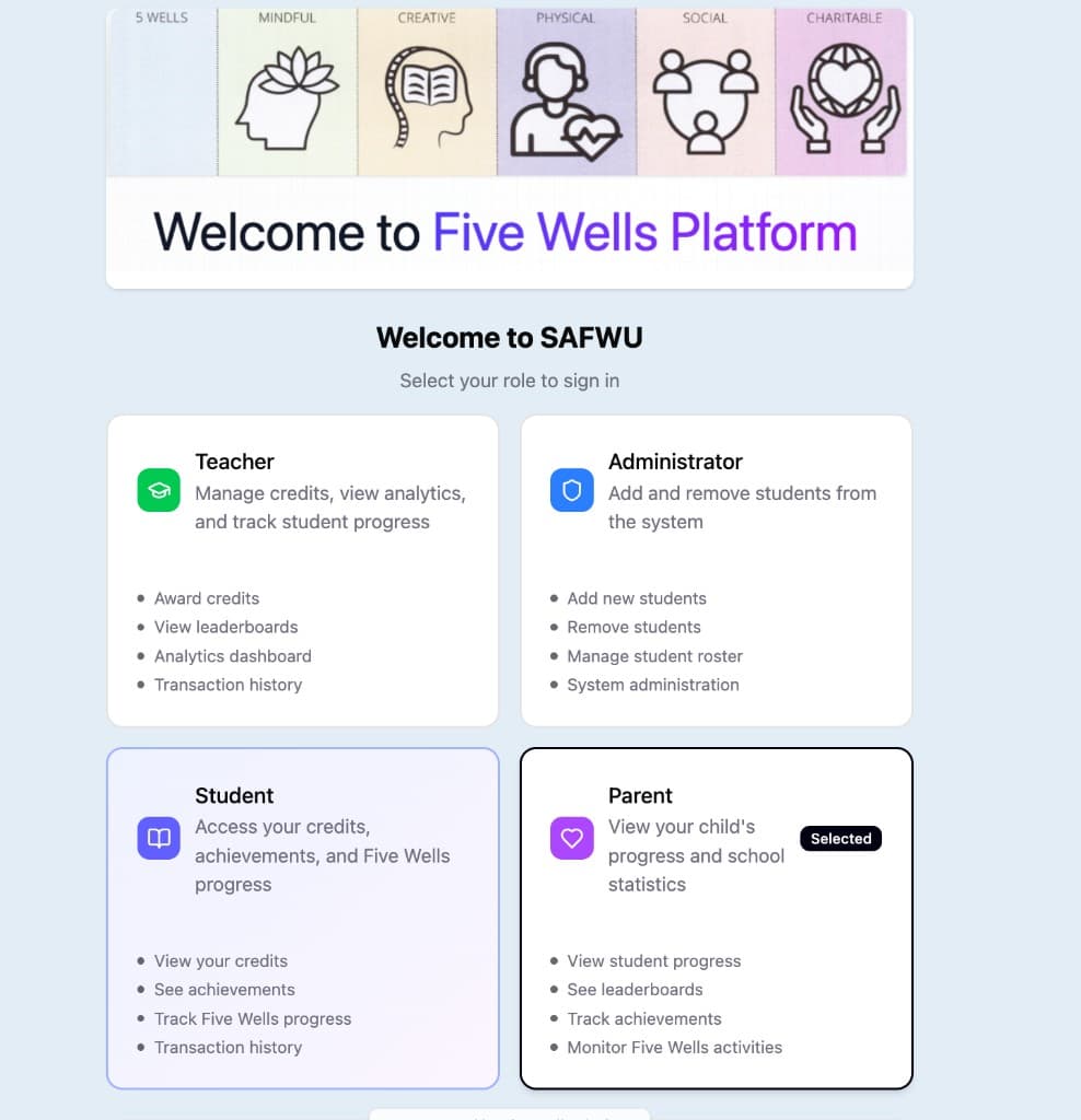 Five Wells school login screen showing how staff, students, and parents find their school